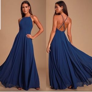 Lulu's Mythical Kind of Love Maxi Dress L Chiffon A Line Open Back Blue